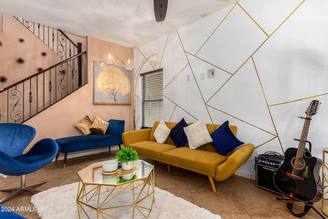 living room with tile patterned flooring