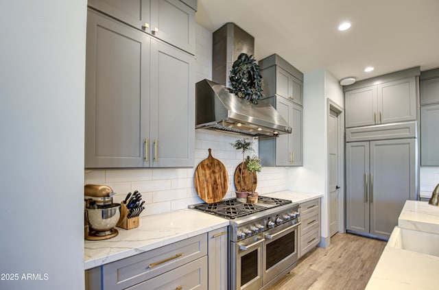 kitchen featuring gray cabinets, high end appliances, decorative backsplash, wall chimney exhaust hood, and light wood-type flooring