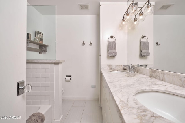 full bathroom with toilet, vanity, bathing tub / shower combination, and tile patterned floors