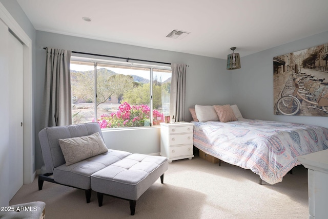 carpeted bedroom with a mountain view and a closet