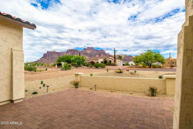 view of patio with a mountain view