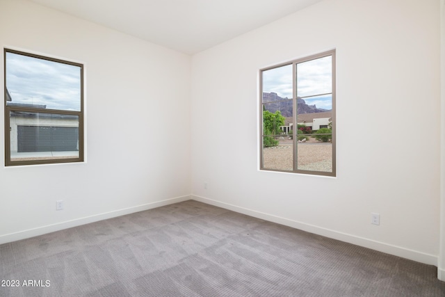 carpeted empty room with a mountain view