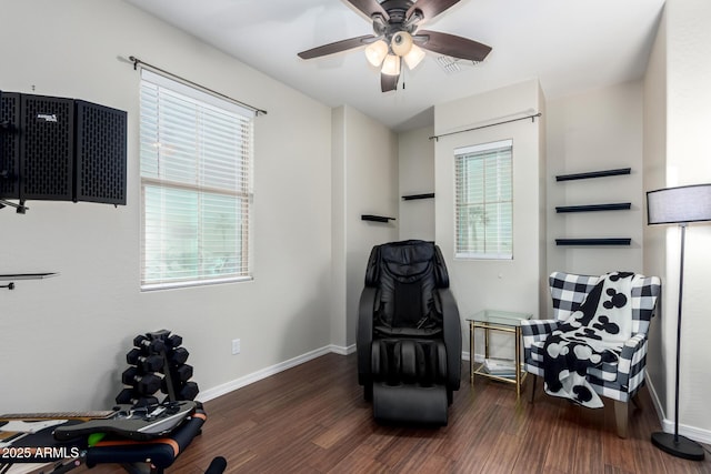 living area featuring ceiling fan, a wealth of natural light, and dark hardwood / wood-style flooring