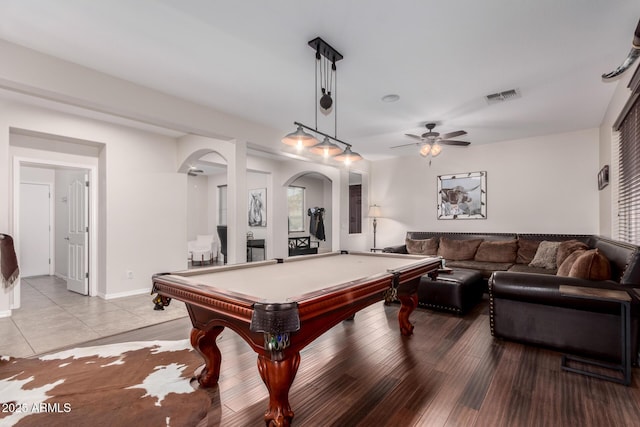 recreation room featuring billiards, ceiling fan, and light tile patterned flooring