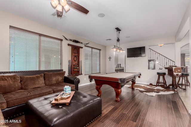 game room featuring pool table, wood-type flooring, and ceiling fan