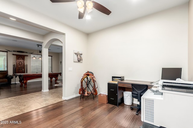 office with hardwood / wood-style floors, pool table, and ceiling fan