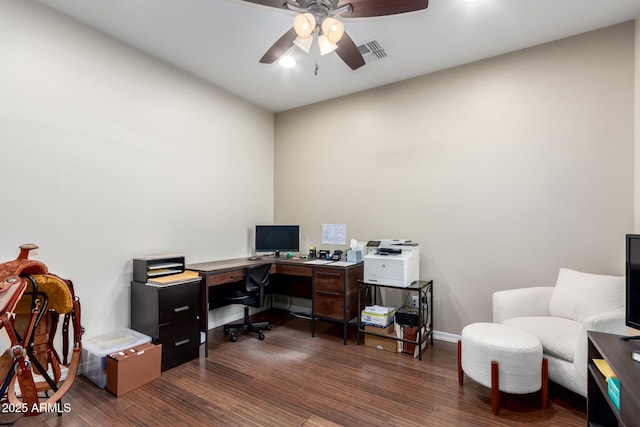 home office featuring dark wood-type flooring and ceiling fan