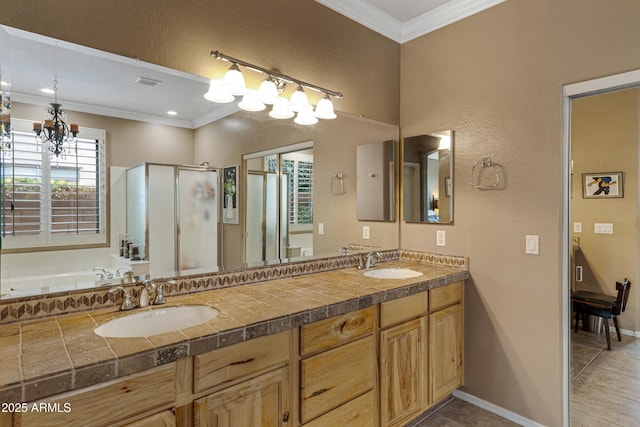 bathroom with crown molding, vanity, shower with separate bathtub, and tile patterned flooring