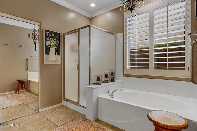 bathroom with crown molding and plus walk in shower