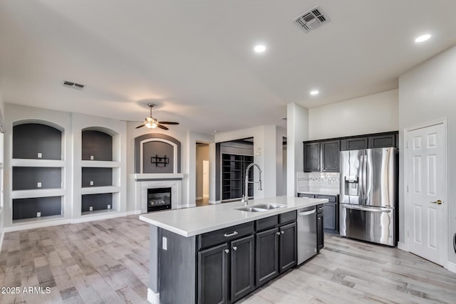 kitchen featuring built in shelves, sink, stainless steel appliances, a kitchen island with sink, and backsplash