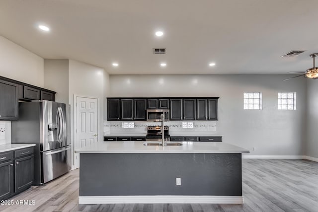 kitchen featuring appliances with stainless steel finishes, sink, an island with sink, and backsplash