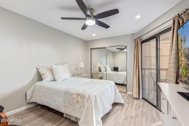 bedroom with access to outside, a closet, ceiling fan, and light hardwood / wood-style floors