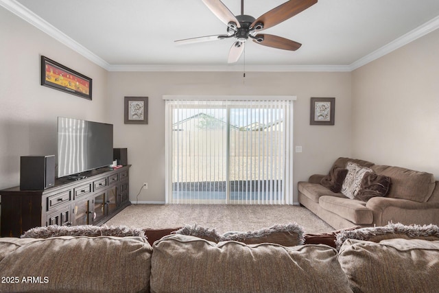 4556 E Gagarinite Ln, San Tan Valley, AZ 85143 - carpeted living area with ceiling fan, baseboards, and ornamental molding