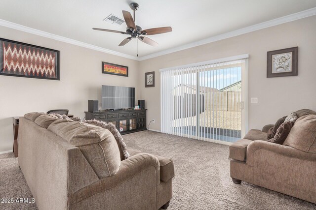 4556 E Gagarinite Ln, San Tan Valley, AZ 85143 - carpeted living area with a ceiling fan, baseboards, ornamental molding, and visible vents