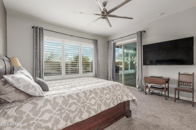 bedroom with ceiling fan, access to exterior, and carpet floors