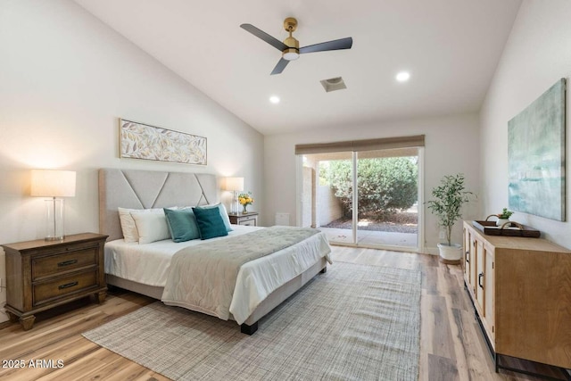 bedroom featuring access to exterior, visible vents, ceiling fan, light wood-style flooring, and recessed lighting