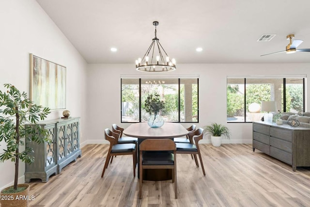 dining room with light wood finished floors, visible vents, recessed lighting, and baseboards