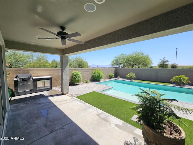 18871 S 209th Way, Queen Creek, AZ 85142 - view of pool featuring ceiling fan, a fenced backyard, a patio area, and grilling area