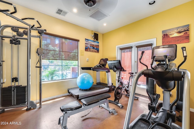 workout room with ceiling fan