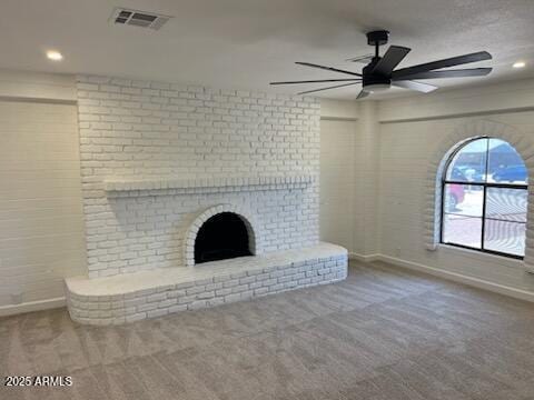 18045 N 20th Ln N, Phoenix, AZ 85023 - unfurnished living room with a fireplace, carpet floors, a ceiling fan, and recessed lighting