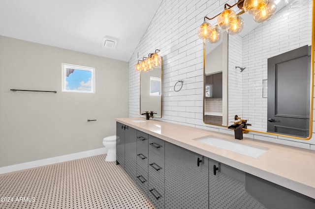 bathroom with vanity, toilet, and lofted ceiling