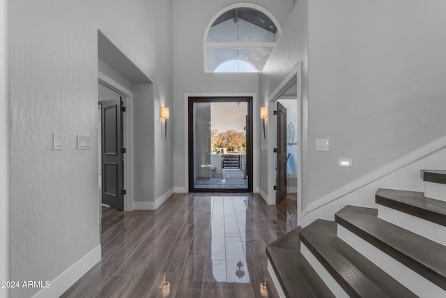 foyer entrance featuring dark hardwood / wood-style floors and high vaulted ceiling