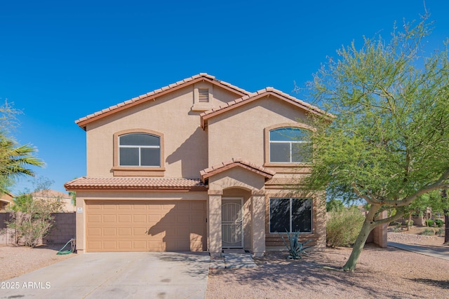 3365 N Sunaire, Mesa, AZ 85215 - mediterranean / spanish home with a tiled roof, stucco siding, a garage, and concrete driveway