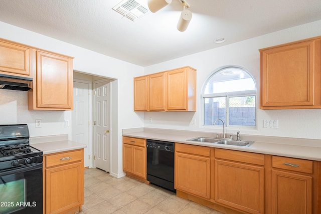 3365 N Sunaire, Mesa, AZ 85215 - kitchen featuring black appliances, a sink, light countertops, light brown cabinets, and a ceiling fan
