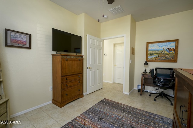 office with light tile patterned floors, a ceiling fan, visible vents, and baseboards