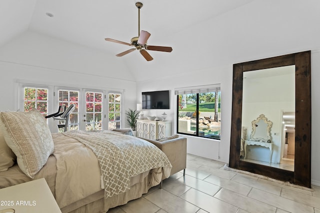 bedroom featuring vaulted ceiling, ceiling fan, light tile patterned floors, and access to outside