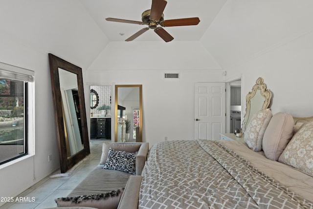 bedroom with visible vents, a ceiling fan, and vaulted ceiling