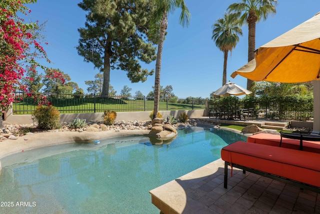 view of pool with a fenced backyard, a patio, and a fenced in pool