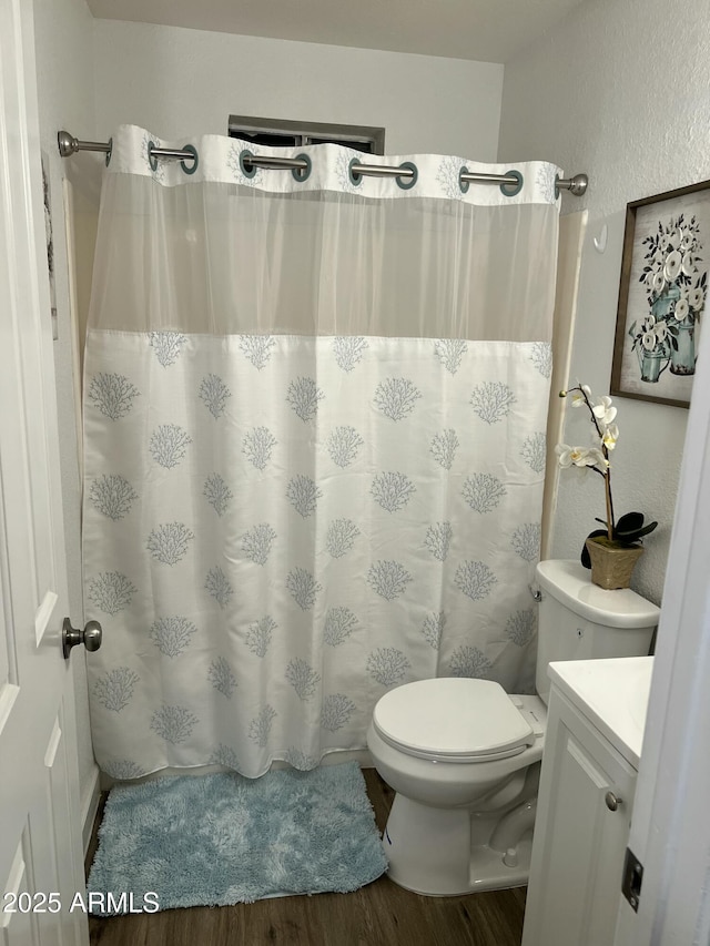 3728 E Grove Ave, Mesa, AZ 85206 - bathroom featuring vanity, wood finished floors, toilet, and a shower with shower curtain