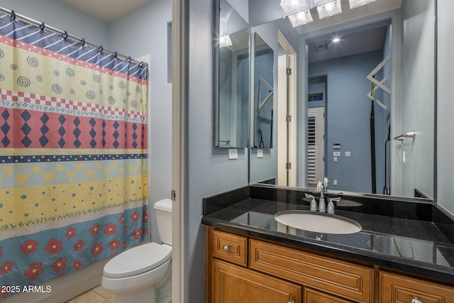 full bath with a shower with shower curtain, toilet, vanity, and tile patterned flooring