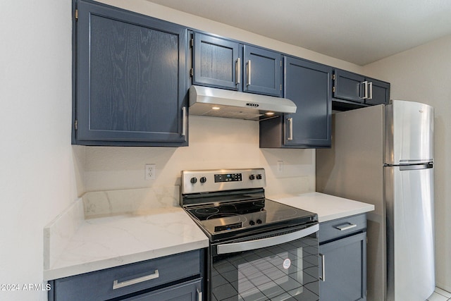 16410 S 46th Pl, Phoenix, AZ 85048 - kitchen featuring blue cabinets, appliances with stainless steel finishes, under cabinet range hood, and light stone countertops