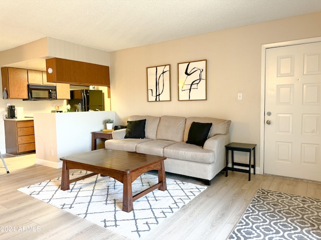 living room with a textured ceiling and light wood-type flooring