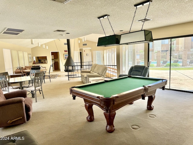 game room featuring billiards, light colored carpet, vaulted ceiling, and a textured ceiling