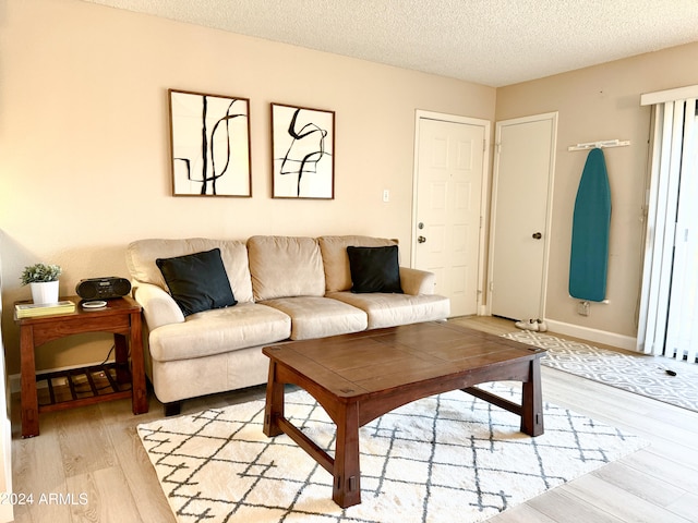 living room featuring hardwood / wood-style flooring and a textured ceiling