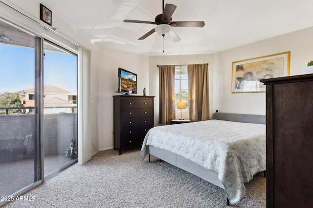 bedroom with ceiling fan, carpet flooring, and access to exterior