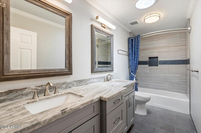 full bathroom with shower / bathtub combination with curtain, vanity, crown molding, tile patterned flooring, and toilet