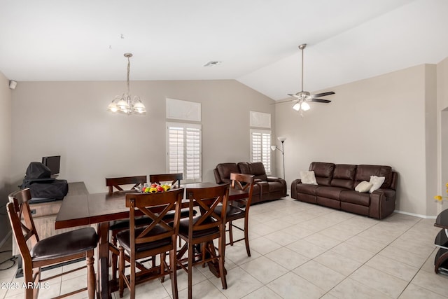 6631 E Rhodes St, Mesa, AZ 85215 - dining room with vaulted ceiling, light tile patterned floors, a chandelier, a ceiling fan, and baseboards