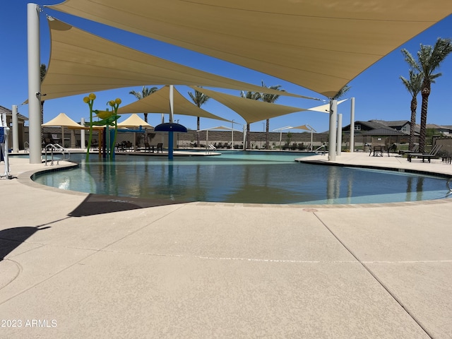 view of swimming pool with a patio