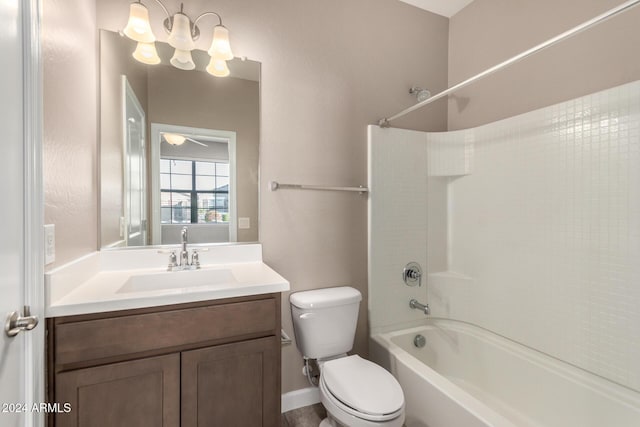 full bathroom featuring vanity, shower / bath combination, toilet, and ceiling fan