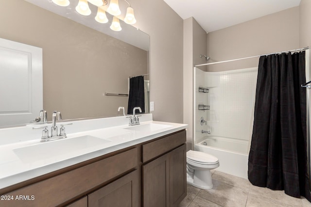 full bathroom featuring vanity, tile patterned flooring, shower / bathtub combination with curtain, and toilet