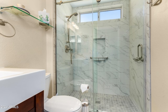 bathroom featuring vanity, toilet, and an enclosed shower