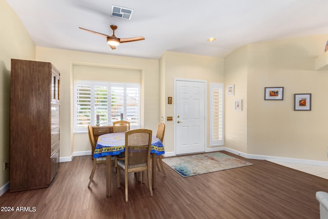 dining area featuring ceiling fan and hardwood / wood-style flooring