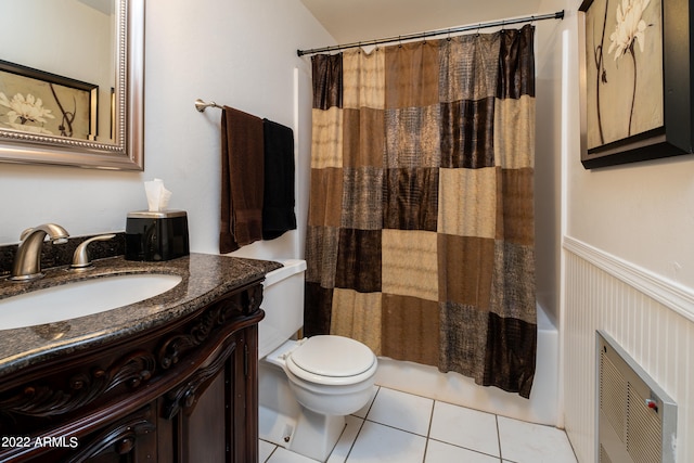 full bathroom featuring vanity, toilet, shower / tub combo, and tile patterned floors