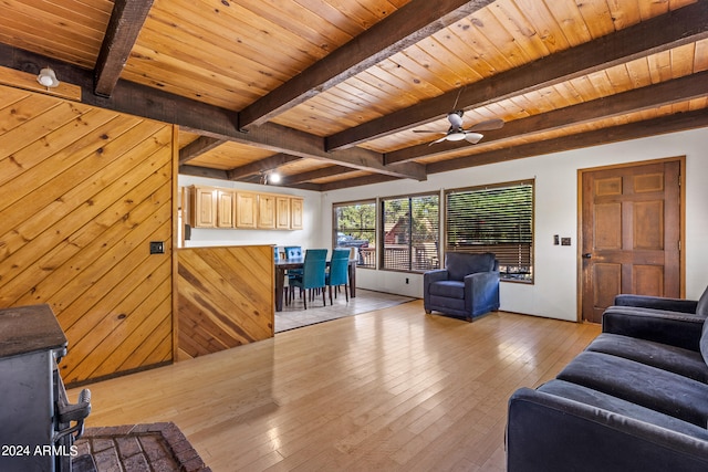 living room featuring ceiling fan, beam ceiling, wooden ceiling, and light hardwood / wood-style flooring