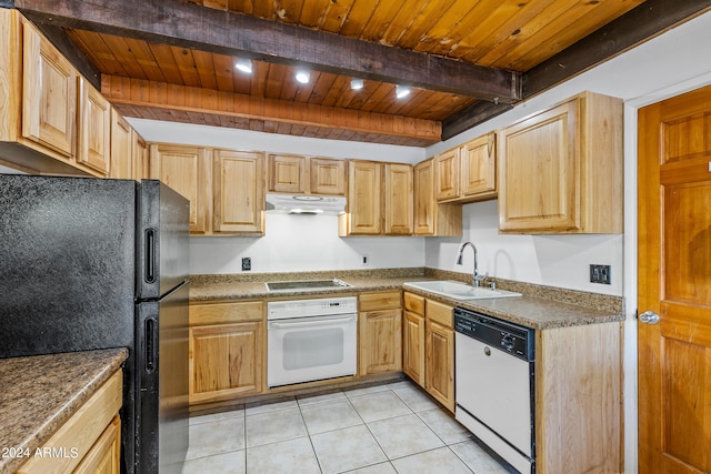 kitchen with white appliances, wooden ceiling, sink, light brown cabinets, and light tile patterned flooring