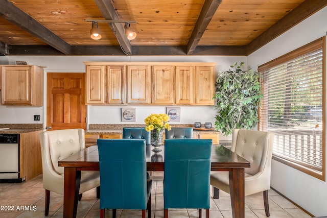 tiled dining area with beamed ceiling and wooden ceiling